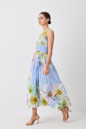 KAREN MILLEN Petite Photographic Floral Sleeveless Silk Cotton Midi Dress in Blue / women’s printed occasion dresses / summer event clothing