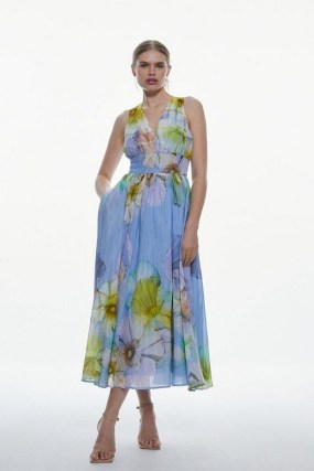 KAREN MILLEN Photographic Floral Sleeveless Silk Cotton Midi Dress in Blue / feminine fit and flare occasion dresses / romantic style summer event fashion