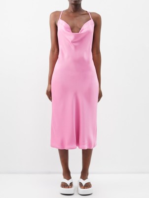 NORMA KAMALI Pink Bias-cut crepe-satin midi dress ~ silky slip dresses ~ spaghetti shoulder strap fashion