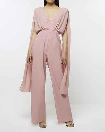 River Island PINK CAPE JUMPSUIT | plunge front jumpsuits with draped details | women’s evening occasion fashion | deep plunging neckline - flipped