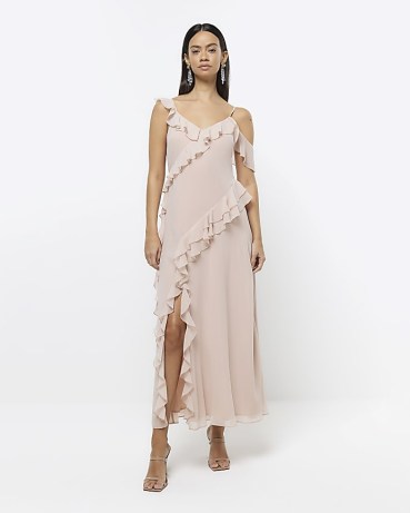 River Island PINK CHIFFON FRILL SLIP MAXI DRESS | ruffled cami shoulder strap dresses | asymmetric ruffles | feminine evening fashion - flipped