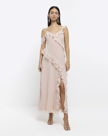 River Island PINK CHIFFON FRILL SLIP MAXI DRESS | ruffled cami shoulder strap dresses | asymmetric ruffles | feminine evening fashion
