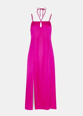WHISTLES CUT OUT SILK MIX MIDI DRESS in Pink ~ strappy slit hem occasion dresses ~ silky evening clothes ~ luxe party fashion ~ spaghetti shoulder straps - flipped