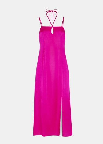WHISTLES CUT OUT SILK MIX MIDI DRESS in Pink ~ strappy slit hem occasion dresses ~ silky evening clothes ~ luxe party fashion ~ spaghetti shoulder straps