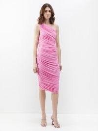 NORMA KAMALI Pink Diana one-shoulder ruched jersey dress ~ fitted asymmetric occasion dresses ~ gathered evening clothes ~ candy coloured party clothing