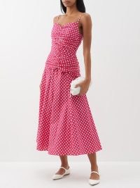 E.STOTT Pink Esther polka-dot cotton dress ~ strappy gathered detail occasion dresses ~ ruched occasionwear ~ spot print summer event clothes ~ cami strap clothing