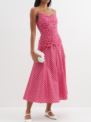 E.STOTT Pink Esther polka-dot cotton dress ~ strappy gathered detail occasion dresses ~ ruched occasionwear ~ spot print summer event clothes ~ cami strap clothing - flipped