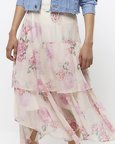 REIVER ISLAND PINK FLORAL TIERED MIDI SKIRT ~ floaty sequinned layered skirts ~ womens semi sheer fashion - flipped