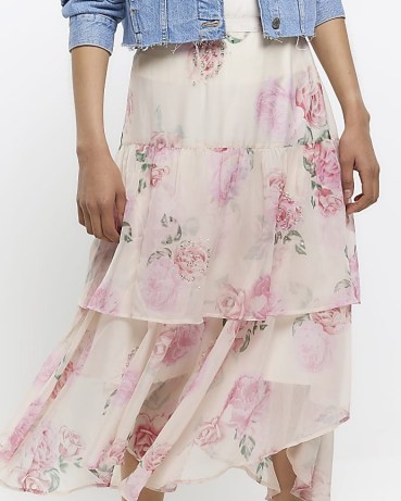 REIVER ISLAND PINK FLORAL TIERED MIDI SKIRT ~ floaty sequinned layered skirts ~ womens semi sheer fashion