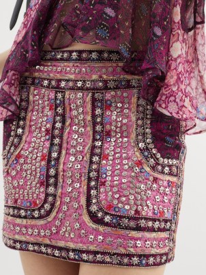 ISABEL MARANT Pink Oneila sequinned-patchwork silk mini skirt ~ short sequin covered skirts ~ women’s designer clothing - flipped