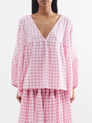 ANAAK Pink and white Raj gingham-check cotton blouse ~ voluminous checked blouses ~ women’s tops with volume ~ relaxed dropped shoulders - flipped