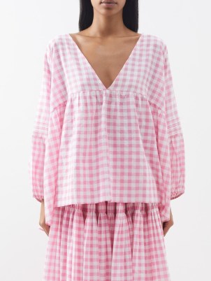 ANAAK Pink and white Raj gingham-check cotton blouse ~ voluminous checked blouses ~ women’s tops with volume ~ relaxed dropped shoulders