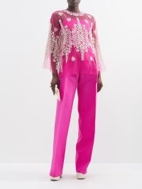 BIYAN Pink Safira bead-embroidered sheer tulle blouse – sheer beaded blouses – luxury embellished tops
