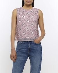 RIVER ISLAND PINK SEQUIN FLORAL SLEEVELESS TOP / sheer overlay sequinned tops / women’s beaded fashion / bead embellished clothes