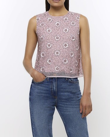 RIVER ISLAND PINK SEQUIN FLORAL SLEEVELESS TOP / sheer overlay sequinned tops / women’s beaded fashion / bead embellished clothes - flipped