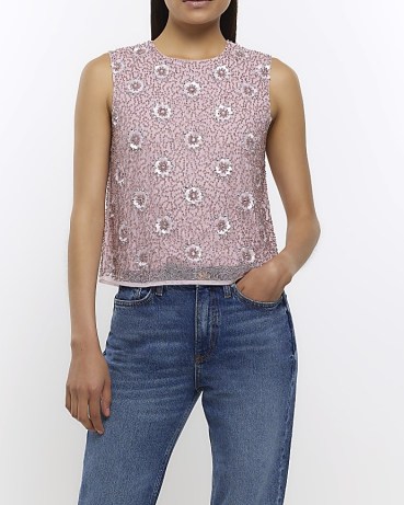 RIVER ISLAND PINK SEQUIN FLORAL SLEEVELESS TOP / sheer overlay sequinned tops / women’s beaded fashion / bead embellished clothes