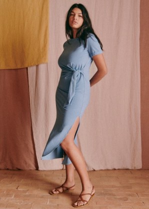 sezane PIPPA DRESS Vintage Blue – short sleeve tie detail organic cotton dresses