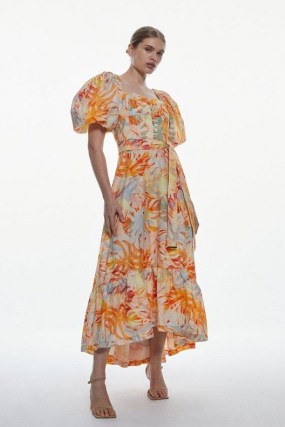 Pleated Floral Printed Woven Maxi Dress / leaf print tiered hem dresses with oversized puff sleeves / belted self tie waist / romantic puffed sleeve occasion fashion