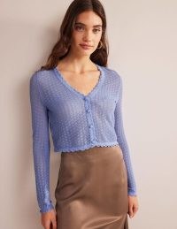 BODEN Pointelle Cropped Cardigan in Hazy Blue – women’s crop hem cardigans – feminine knitwear