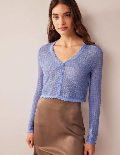 BODEN Pointelle Cropped Cardigan in Hazy Blue – women’s crop hem cardigans – feminine knitwear - flipped
