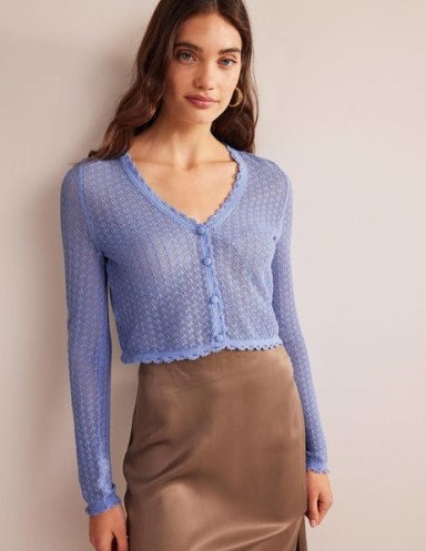 BODEN Pointelle Cropped Cardigan in Hazy Blue – women’s crop hem cardigans – feminine knitwear