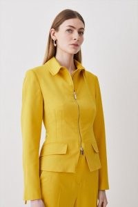 KAREN MILLEN Polished Tailored Corset Detail Zip Up Blazer in Ochre – women’s dark yellow jackets