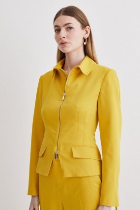 KAREN MILLEN Polished Tailored Corset Detail Zip Up Blazer in Ochre – women’s dark yellow jackets - flipped