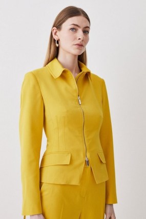 KAREN MILLEN Polished Tailored Corset Detail Zip Up Blazer in Ochre – women’s dark yellow jackets