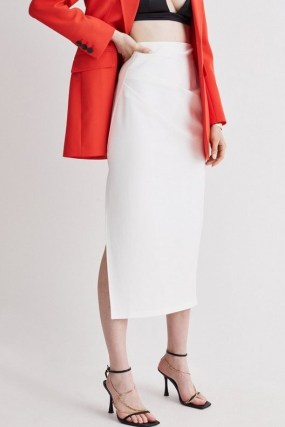 KAREN MILLEN Ponte Side Split Maxi Skirt in White – chic pencil skirts with front fold detailing - flipped