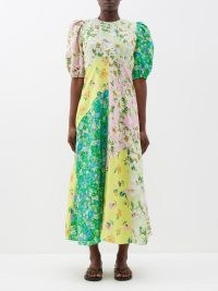 ALÉMAIS Kenzie patchworked linen midi dress in yellow / green – women’s puff sleeve mixed floral print dresses