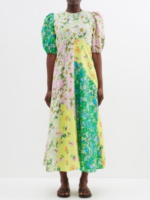 ALÉMAIS Kenzie patchworked linen midi dress in yellow / green – women’s puff sleeve mixed floral print dresses - flipped