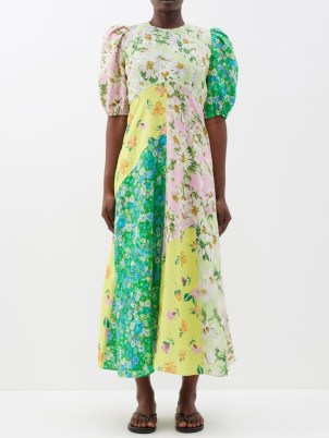 ALÉMAIS Kenzie patchworked linen midi dress in yellow / green – women’s puff sleeve mixed floral print dresses