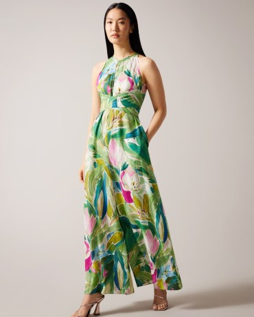 TED BAKER Rachily Halterneck Jumpsuit With Wrap Bodice Detail in Green / floaty floral wide leg jumpsuits / summer event clothes / women’s occasion clothing - flipped