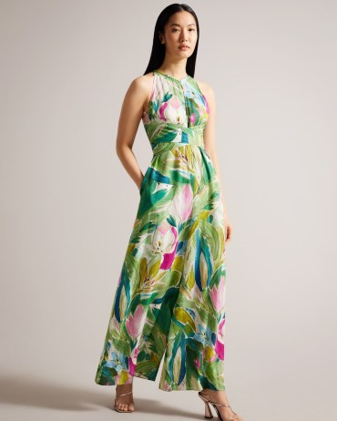 TED BAKER Rachily Halterneck Jumpsuit With Wrap Bodice Detail in Green / floaty floral wide leg jumpsuits / summer event clothes / women’s occasion clothing