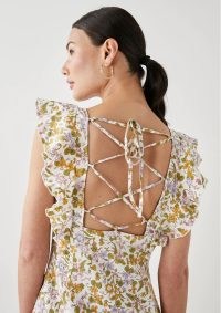 RAILS CONSTANCE DRESS in TANSY ~ floral print flutter sleeve strappy back midi dresses ~ feminine fashion ~ linen summer clothes ~ ruffle trim clothing ~ lace up detail ~ crisscross tie