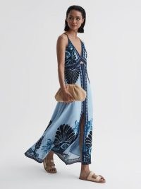 Reiss EMERSON PRINTED V-NECK MAXI DRESS BLUE – strappy long length maxi dresses – women’s summer occasion clothing