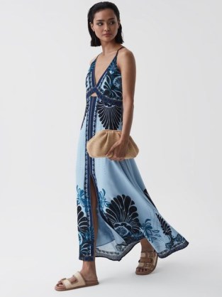 Reiss EMERSON PRINTED V-NECK MAXI DRESS BLUE – strappy long length maxi dresses – women’s summer occasion clothing - flipped