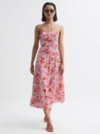 REISS BONNIE FLORAL PRINT FITTED MIDI DRESS PINK / strappy cut out back dresses / skinny shoulder strap clothes
