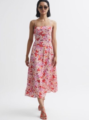 REISS BONNIE FLORAL PRINT FITTED MIDI DRESS PINK / strappy cut out back dresses / skinny shoulder strap clothes