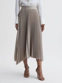 REISS JODIE PLEATED ASYMMETRIC MIDI SKIRT in CHAMPAGNE – chic asymmetrical skirts