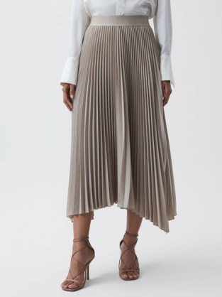 REISS JODIE PLEATED ASYMMETRIC MIDI SKIRT in CHAMPAGNE – chic asymmetrical skirts - flipped