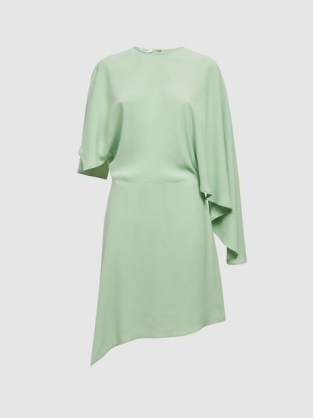 REISS CHRISTY CAPE SLEEVE ASYMMETRIC MINI DRESS SAGE – light green wide sleeve occasion dresses – asymmetric event clothing – chic party clothes - flipped