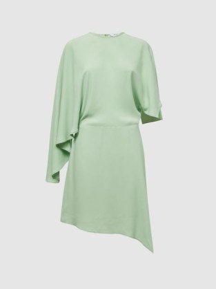 REISS CHRISTY CAPE SLEEVE ASYMMETRIC MINI DRESS SAGE – light green wide sleeve occasion dresses – asymmetric event clothing – chic party clothes