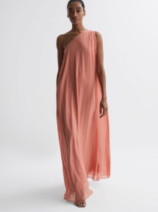 REISS CHARLY ONE SHOULDER MAXI DRESS CORAL / flowing occasion dresses / asymmetric neckline event clothing / elegant evening clothes / fluid fashion