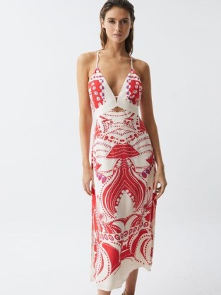 Reiss EBONY ABSTRACT PRINT MAXI DRESS CORAL | strappy printed plunge front dresses | women’s summer clothing with spaghetti shoulder straps | clothes with plunging neckline | cut out detail | feminine occasion fashion - flipped