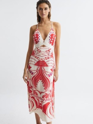 Reiss EBONY ABSTRACT PRINT MAXI DRESS CORAL | strappy printed plunge front dresses | women’s summer clothing with spaghetti shoulder straps | clothes with plunging neckline | cut out detail | feminine occasion fashion