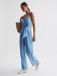 Reiss EMILY LINEN SIDE TIE JUMPSUIT BLUE – strappy wrap front jumpsuits – women’s chic summer clothing
