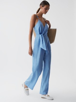 Reiss EMILY LINEN SIDE TIE JUMPSUIT BLUE – strappy wrap front jumpsuits – women’s chic summer clothing - flipped