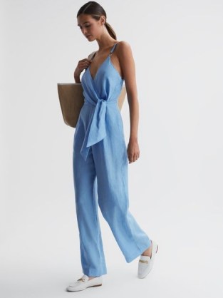 Reiss EMILY LINEN SIDE TIE JUMPSUIT BLUE – strappy wrap front jumpsuits – women’s chic summer clothing