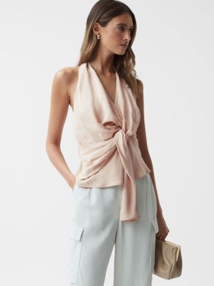 REISS FREDA TIE HALTER NECK BLOUSE NUDE – light pink halterneck blouses – sleeveless front knot detail evening tops - flipped